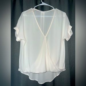 LUSH Low V-cut Flowy Blouse Top Sheer Cream